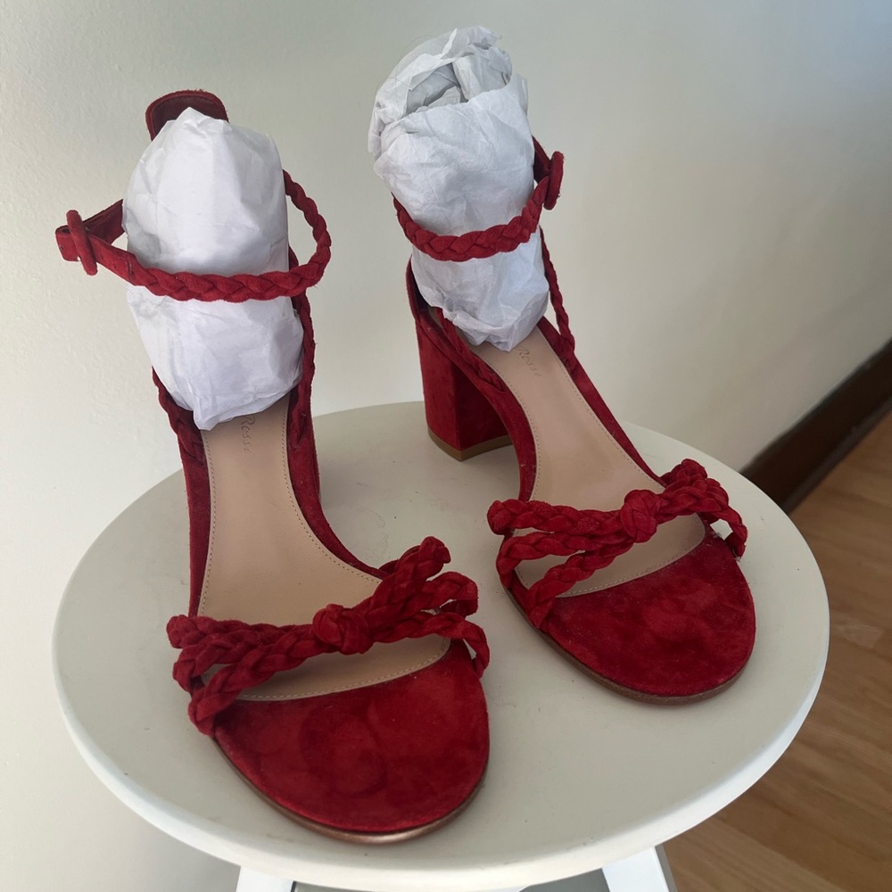 Gianvito Rossi Red Braided Suede Block Heel Sandals